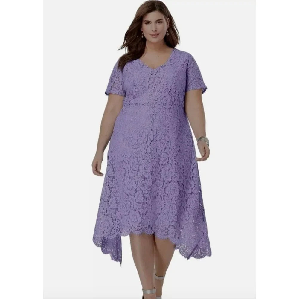 Size 18W PURPLE LAVENDER LACE‎ ASYMMETRICAL SHARKBITE HANDKERCHIEF HEM DRESS